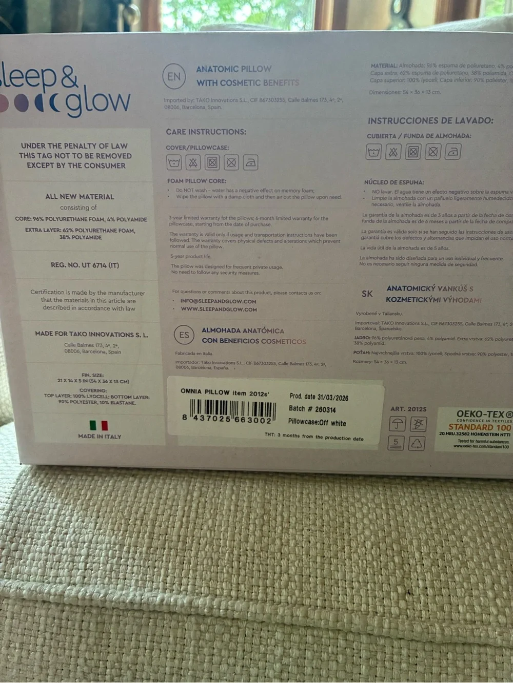 Omnia Sleep & Glow Anti-Aging Pillow in White- Authentic and Brand New In Box
